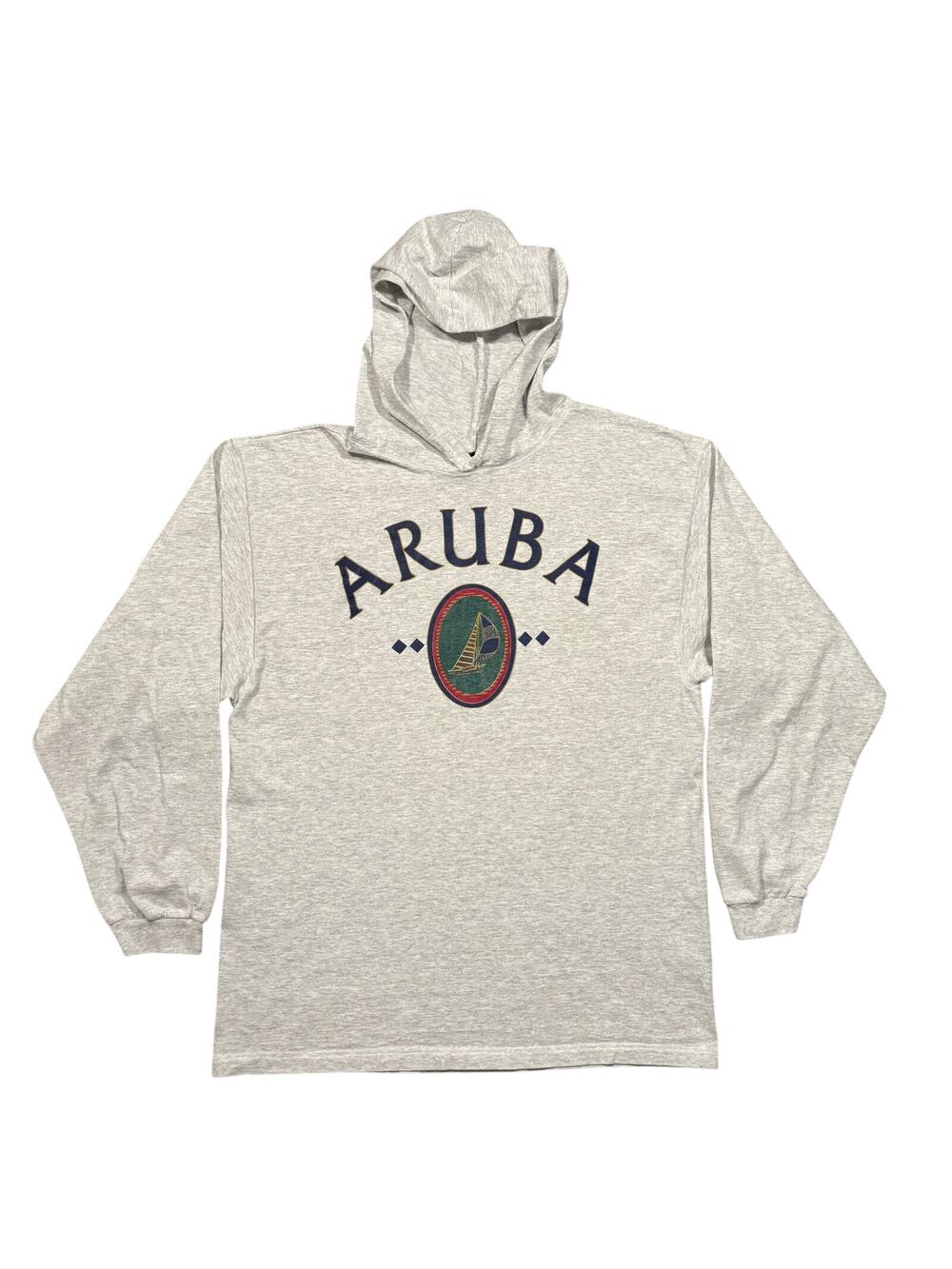 Aruba Print Vintage 90s Heather Gray Cotton Hooded Long Sleeve T-Shirt Mens XL